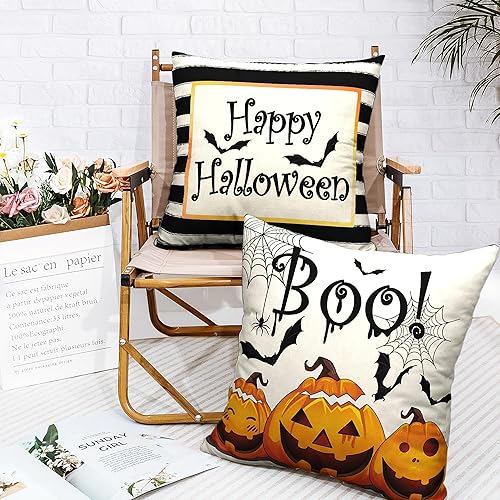Miniatura 6 de Fundas de almohada decorativas de Halloween de 16 x 16 pulgadas, fundas de almohada a rayas blancas y negras, juego de 2 fundas de almohada con