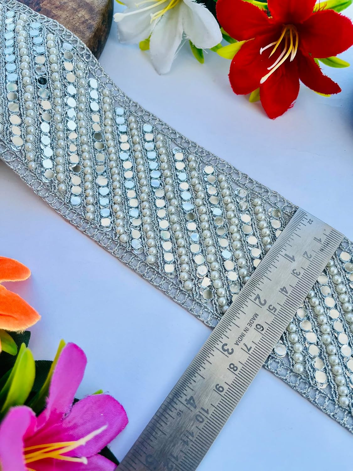 Mirror and Pearl Embellished Silver Fabric Trim, 2.75 Inch Wide, Diagonal Stripe Design, Available in 1, 3 and 6 Yards (1)