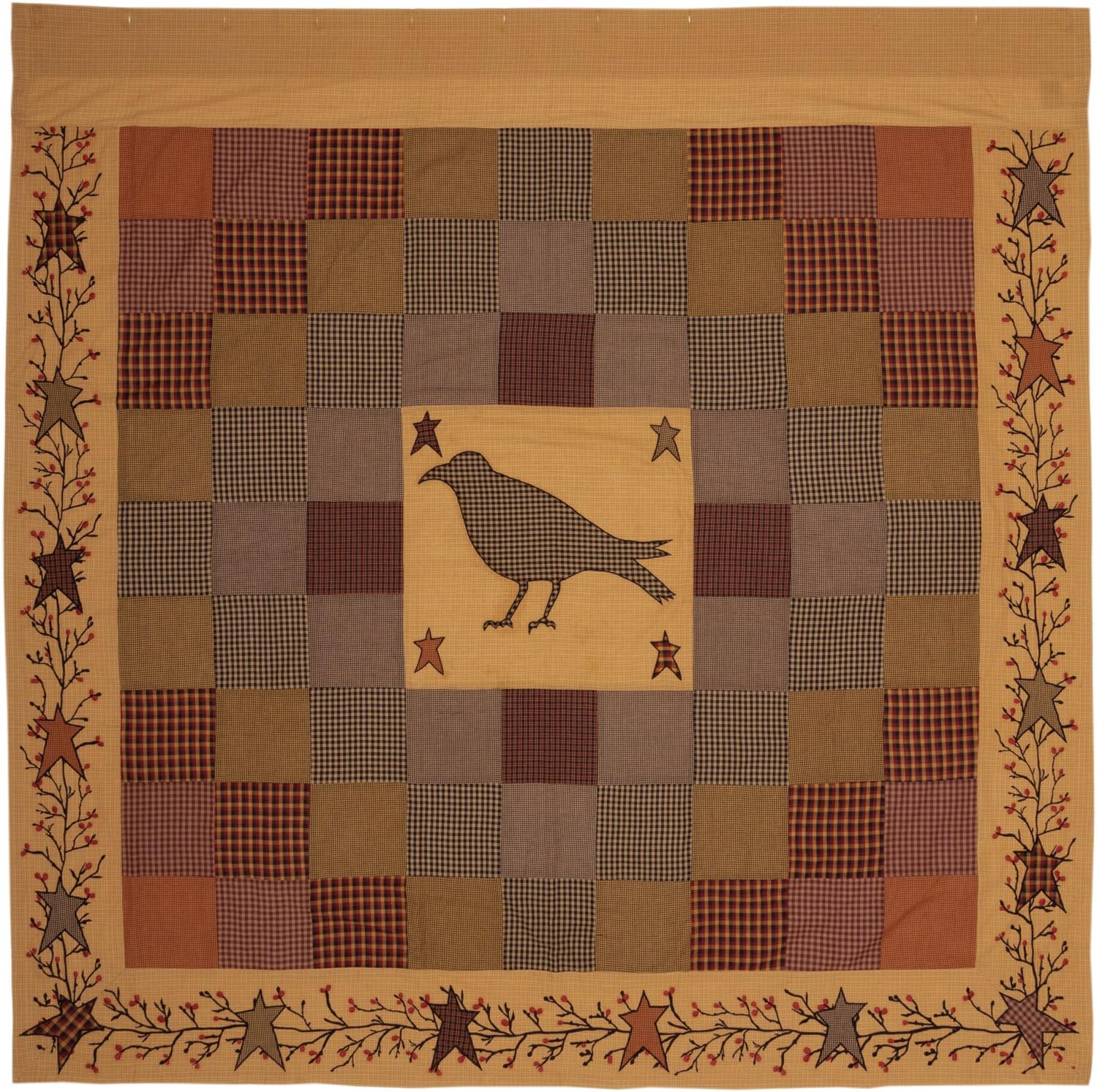 VHC Brands Heritage Farms Applique Crow and Star Shower Curtain 72x72 Primitive Country Patchwork Design, Tan