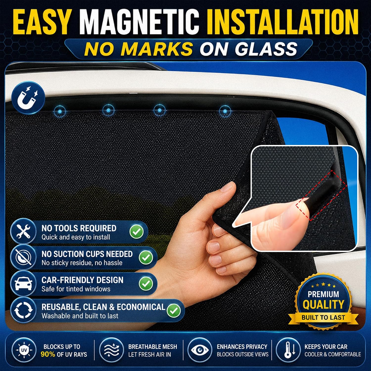 Magnetic Mesh Car Window Shades 2 Pack, 90% UV Block, Breathable Mesh, Privacy with Inside Visibility, Easy Magnetic Install, for Baby, Breastfeeding, Camping (Black, Large 31.5"L x 20"W)