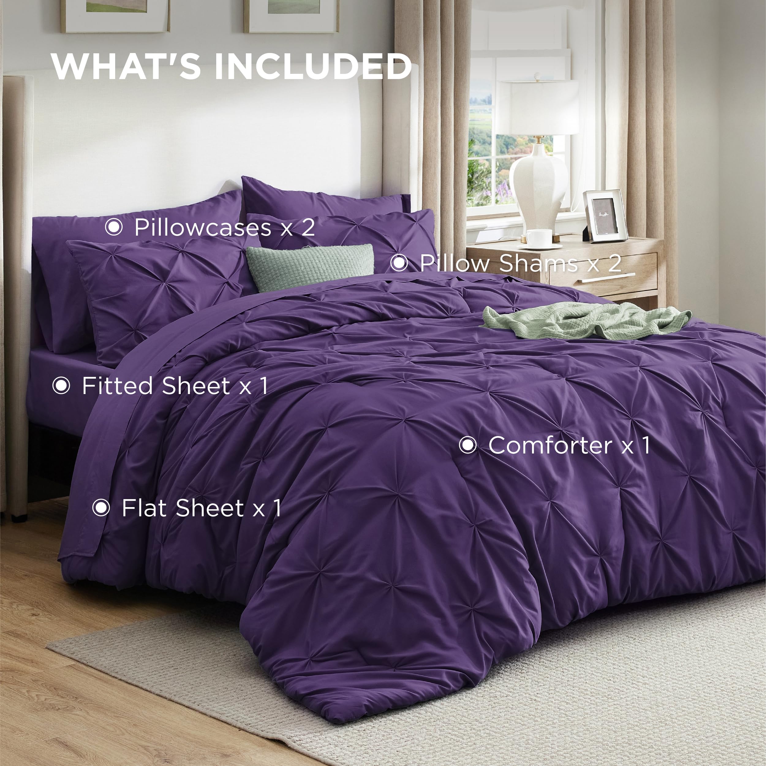 Bedsure King Size Comforter Set Purple - Bed in a Bag Bedding Set 7 Pieces, GentleSoft™ Pintuck Bed Set Gift for Family, Pinch Pleat Purple Comforter with Sheets, Pillowcases & Shams