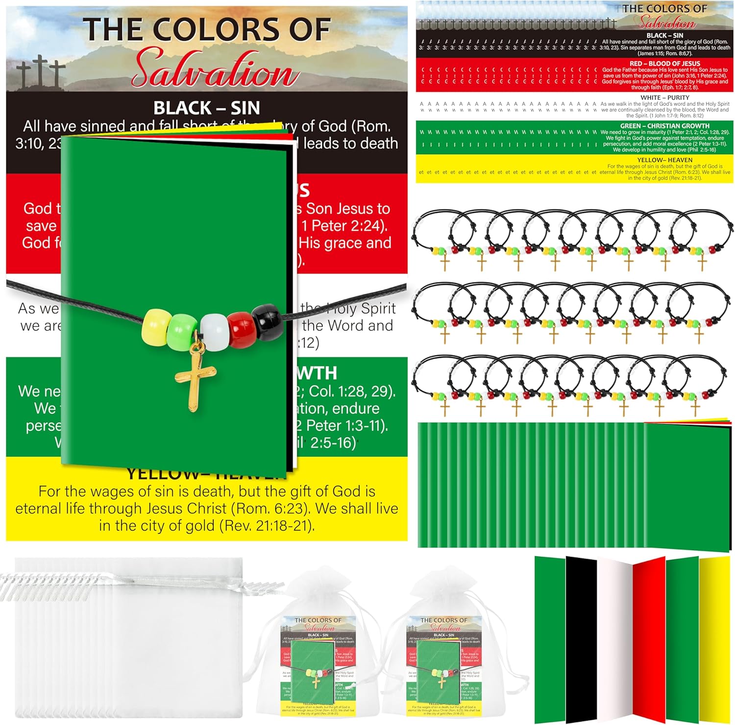 K1tpde 24 Pack Wordless Book Plan of Salvation Wristband Bracelets Gift with Prayer Pocket Cards, Jesus Booklet Bible Salvation Cards Prayer Bracelet Easter Gifts for Women Men Christian Tool