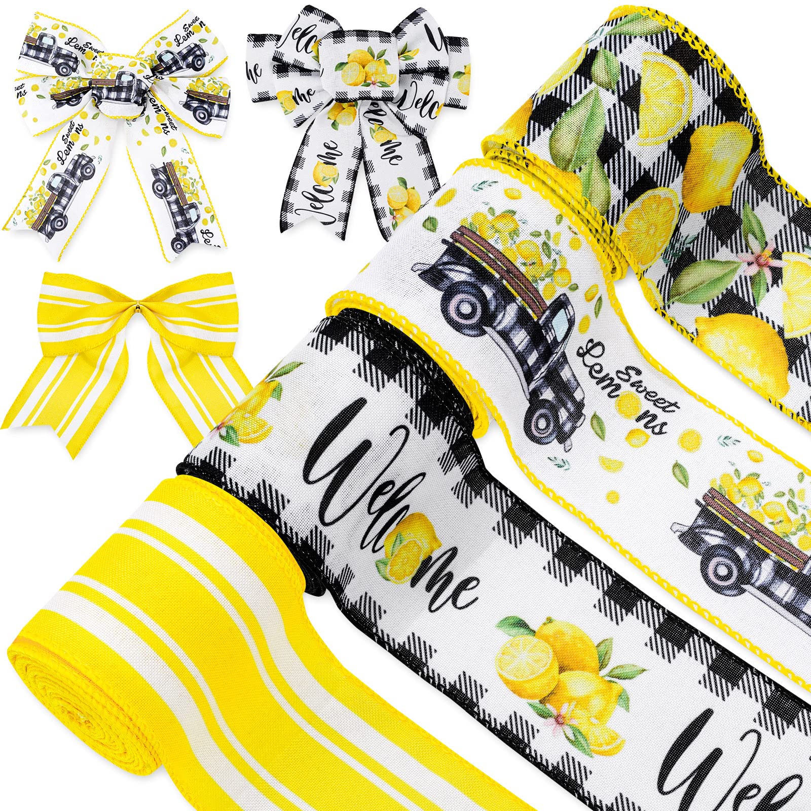 Lemon Wired Edge Ribbon 24 Yards Summer Yellow Lemons Truck Craft Ribbon Buffalo Plaids Farmhouse Fabric Ribbon for Wreath Bow Making DIY Crafts Wrapping Supplies, 4 Roll
