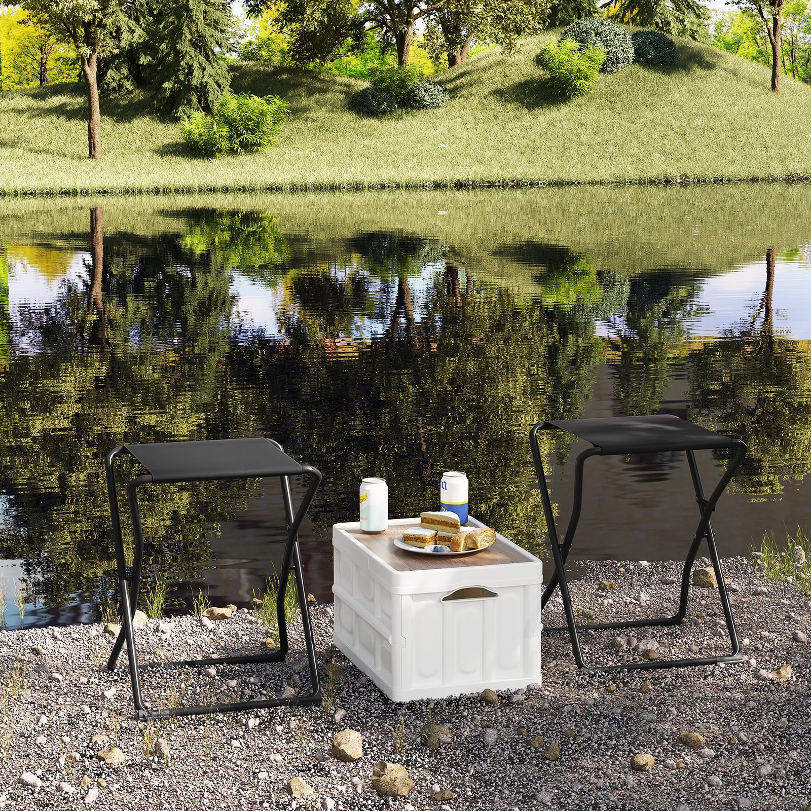 eSituro Table Pliante 2 en 1 d'Appoint avec Plateau Amovible, Tabouret Portable pour Camping Extérieur, 40,5x40,5x50cm, Noir