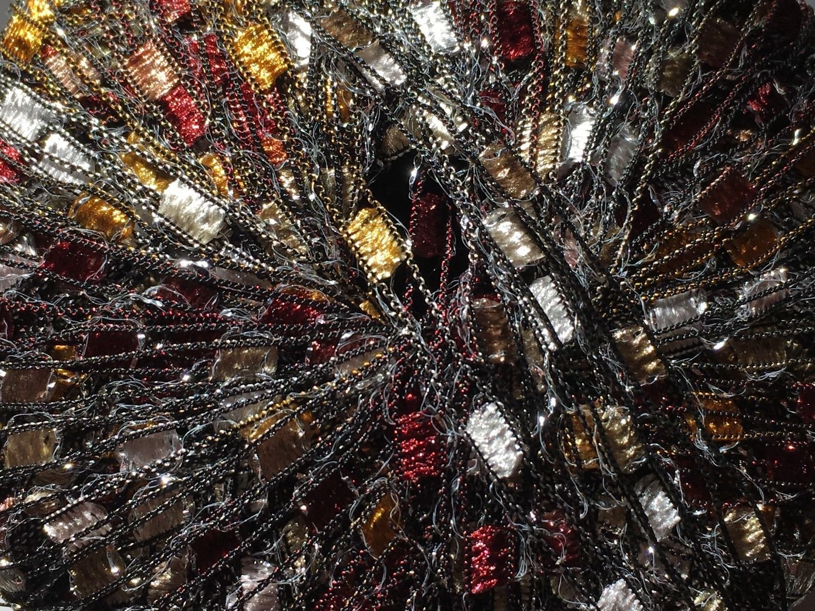 Harvest Moon Glitz Ladder Ribbon Yarn Dark Horse Beautiful #B115 Maroon Gold White Silver + Metallic Ladder