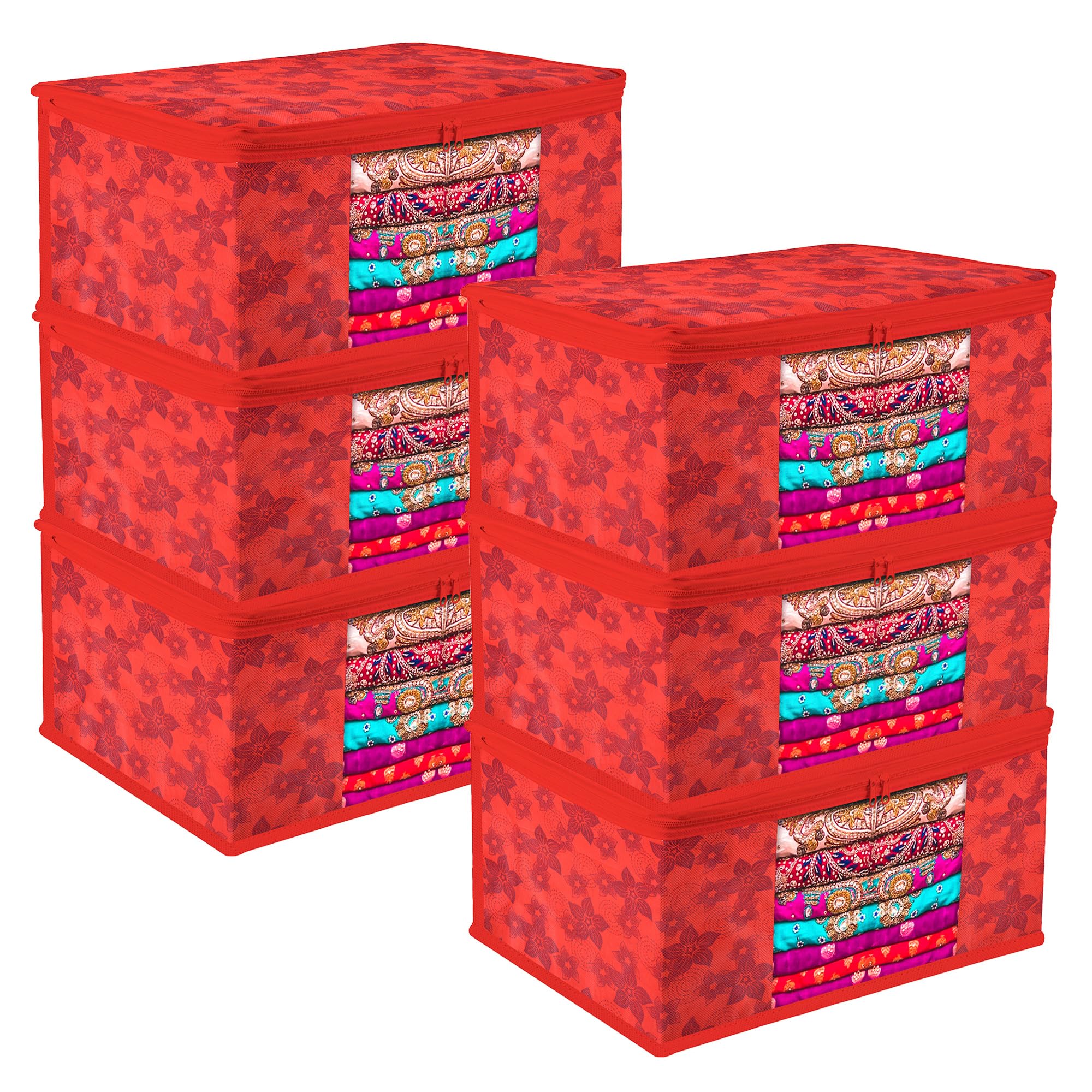 Kuber Industries Saree Cover | Saree Bag | Wardrobe Organizer for Storage Dress and Salwar | Flower-Design | 9 inch | Pack of 6 | Red