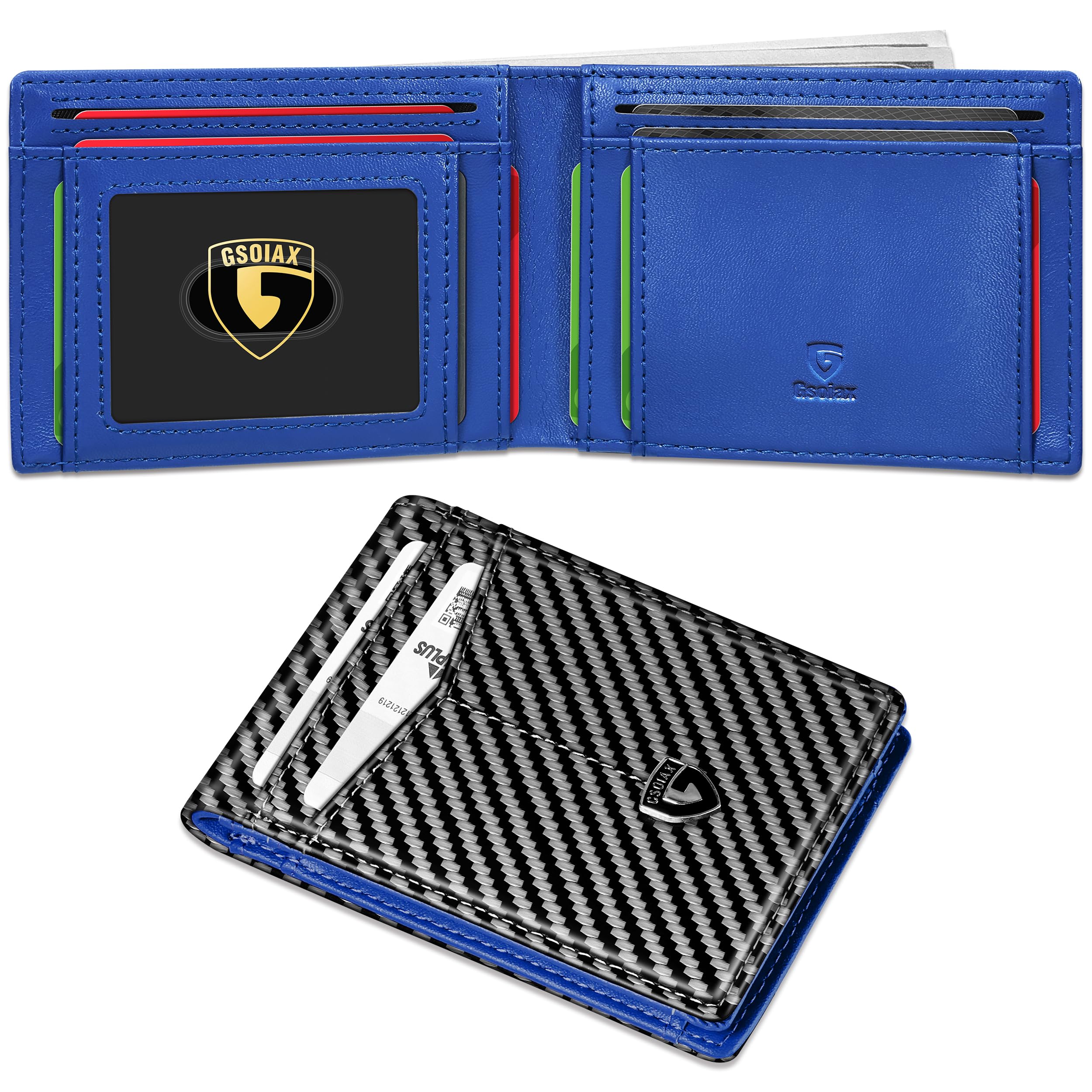 GSOIAX Novelty Slim Wallet for Men Leather Carbon Fiber RFID Blocking Minimalist Front Pocket Bifold mens Wallet with ID Window,12 Credit Card Holders