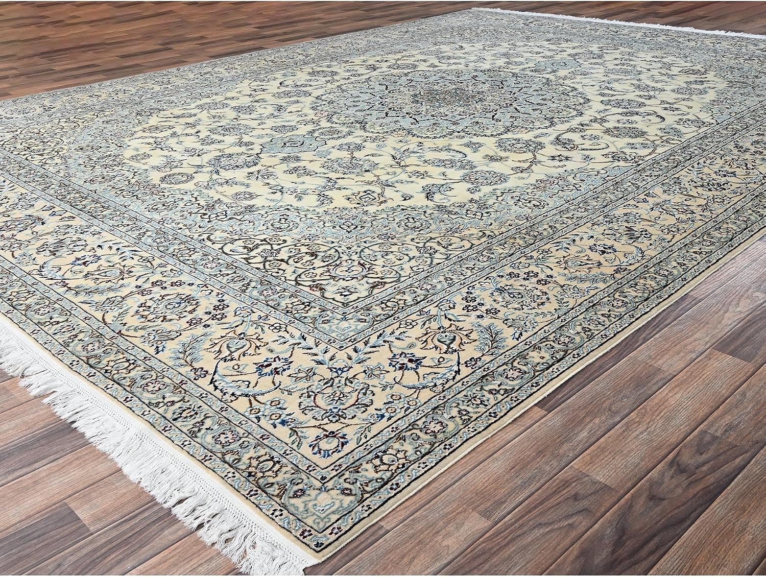 Persian Nain Hand Knotted Oriental Rug, Ivory, Wool and Silk, 10'x14'2", 300 KPSI