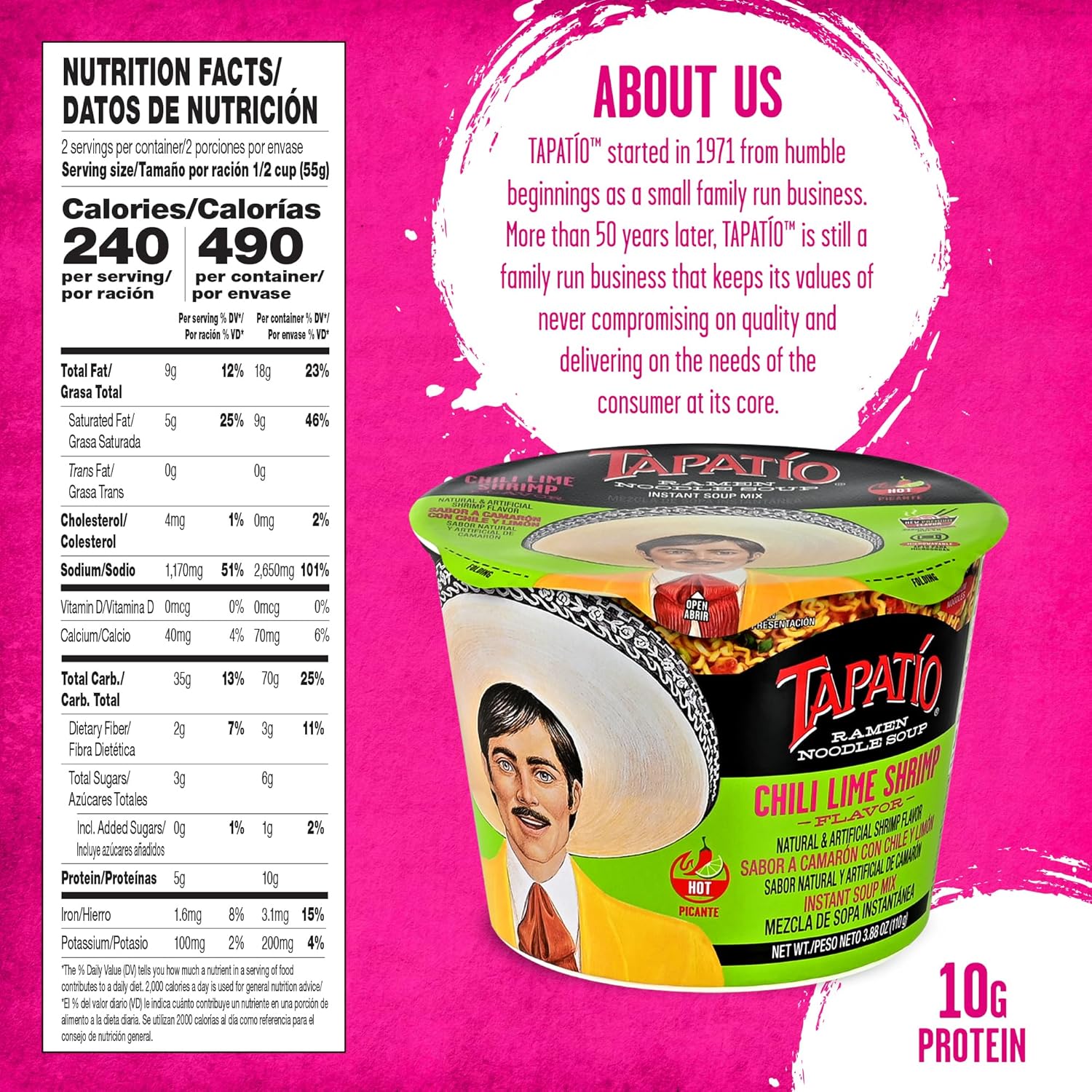Tapatío Ramen Noodle Soup, Chili Lime Shrimp Flavored - Microwaveable Big Bowl, 3.88 oz. (110g), 6-Pack