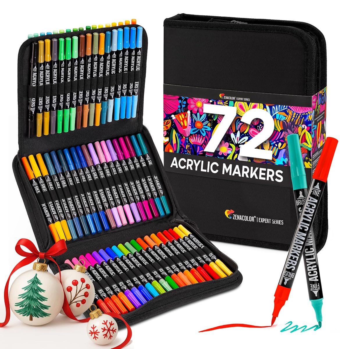 Marker akrylowy Zenacolor 72 kolory – podwójna końcówka (cienka końcówka i pędzel) Markery do kolorowania dla dorosłych – markery akrylowe do różnych powierzchni – etui w zestawie