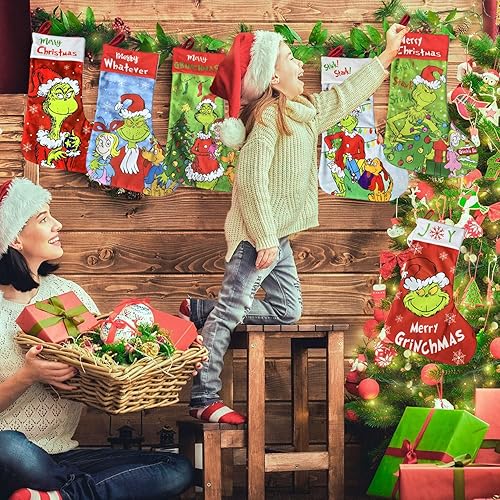 Miniatura 2 de BATERZO Paquete de 6 medias de Navidad Grinchs, divertidas medias de Grinchs, 18 pulgadas, bolsa de regalo grande de Navidad para niños, chimenea,