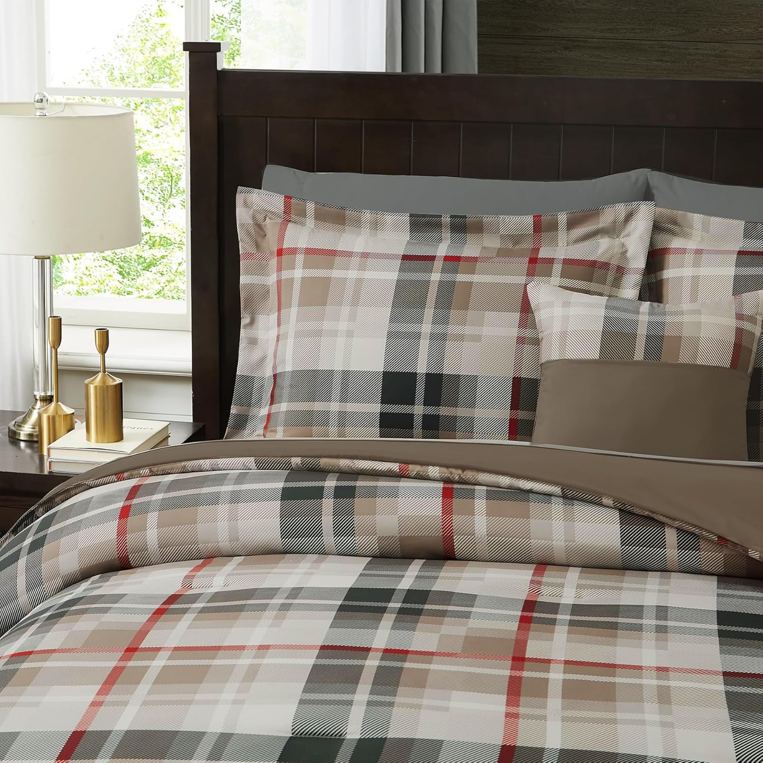 MaiRêve Twin XL Comforter Set, Plaid Design Comforter Set 5 Pieces,Twin XL Comforter for Dorm Farmhouse All Season Lightweight &Comfy with Fitted Sheet, Flat Sheet (Khaki, 66"x90") - Image 5