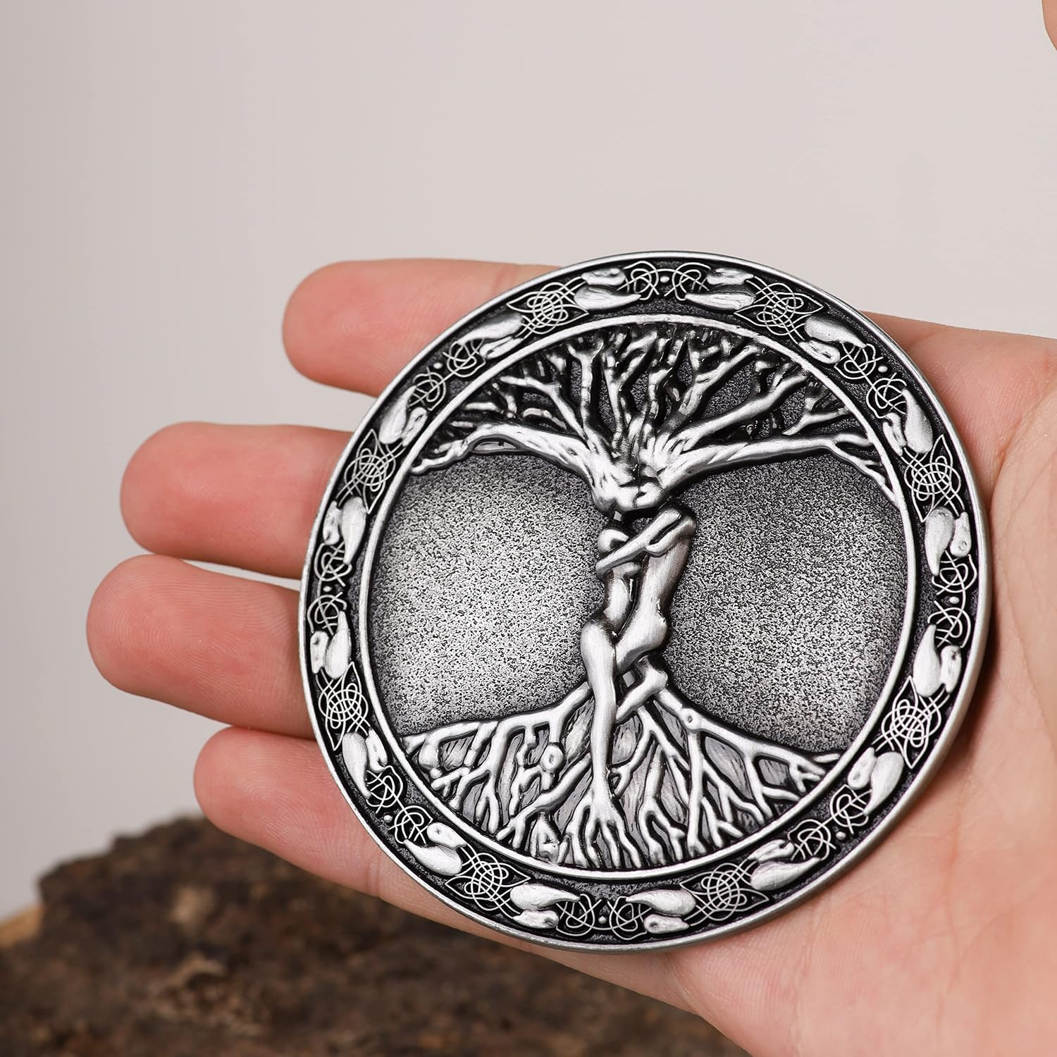 HAQUIL Celtic Tree Of Life Cowboy Round Circle Belt Buckle Stainless Steel Sliver Belt For Men Viking Western Belt