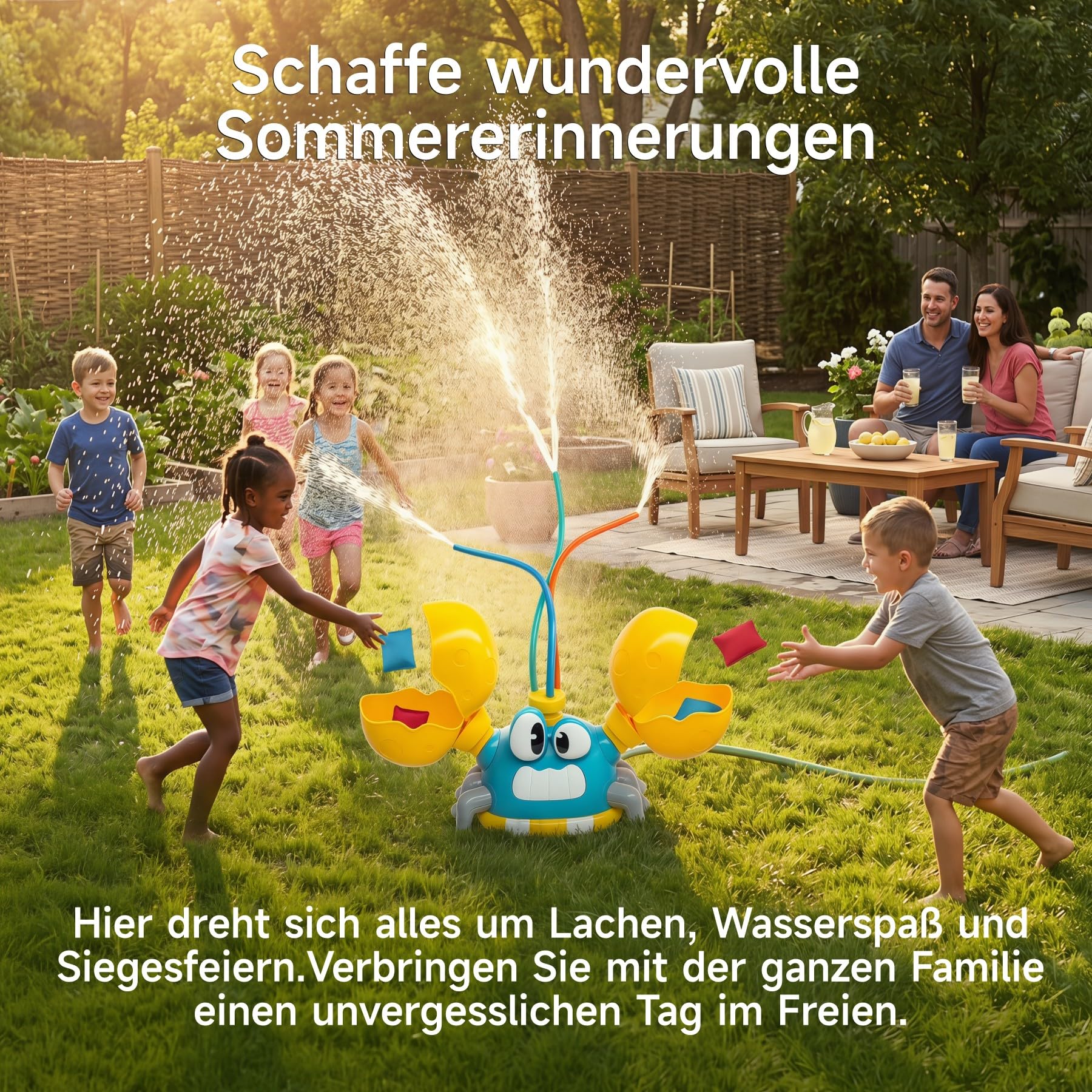 Kinder Wassersprinkler Krabbe mit Cornhole Säcken & Wasserspaß | Drei Sprinkler-Modi, interaktives Säckchen Wurfspiel, perfektes Outdoor Wasserspielzeug für Kinder im Garten.