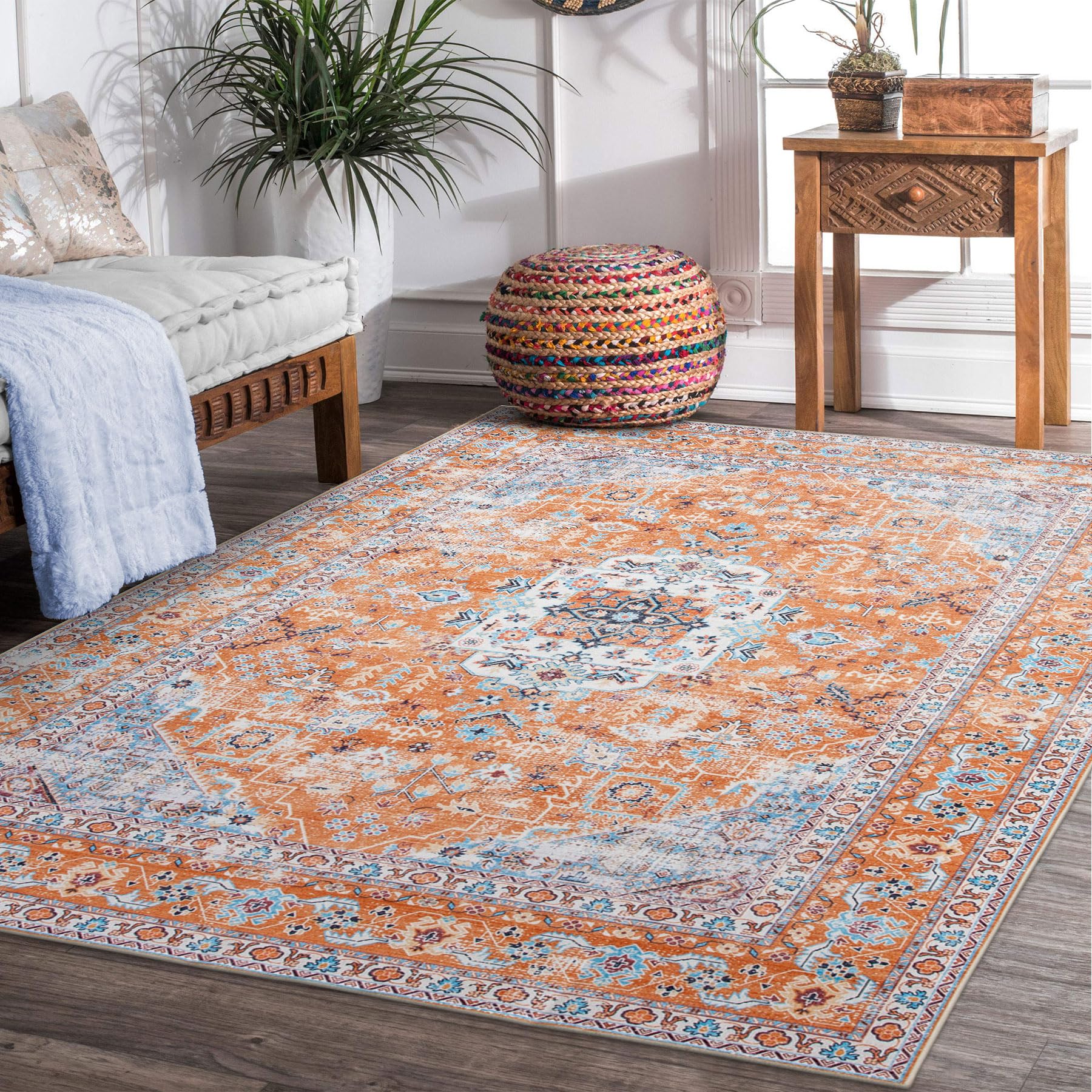 Taleta KALINA Washable Rugs Living Room Large Orange Non Slip Vintage Rug for Bedroom Soft Short Pile Oriental Area Rugs Kitchen Carpets for Dining Room (Orange, 120 x 170 cm)