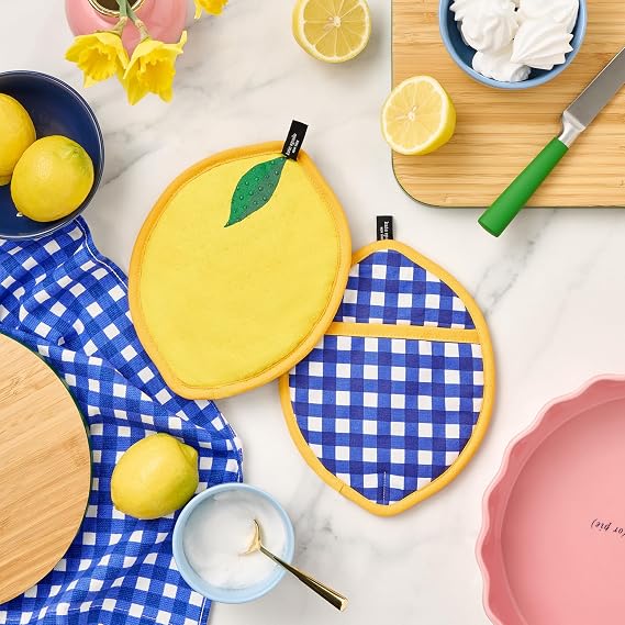 kate spade new york Lemon Party and Spring Gingham Pot Holder 2-Pack Set, Heat Resistant, 100% Cotton, Navy Blue/Yellow, 7x10