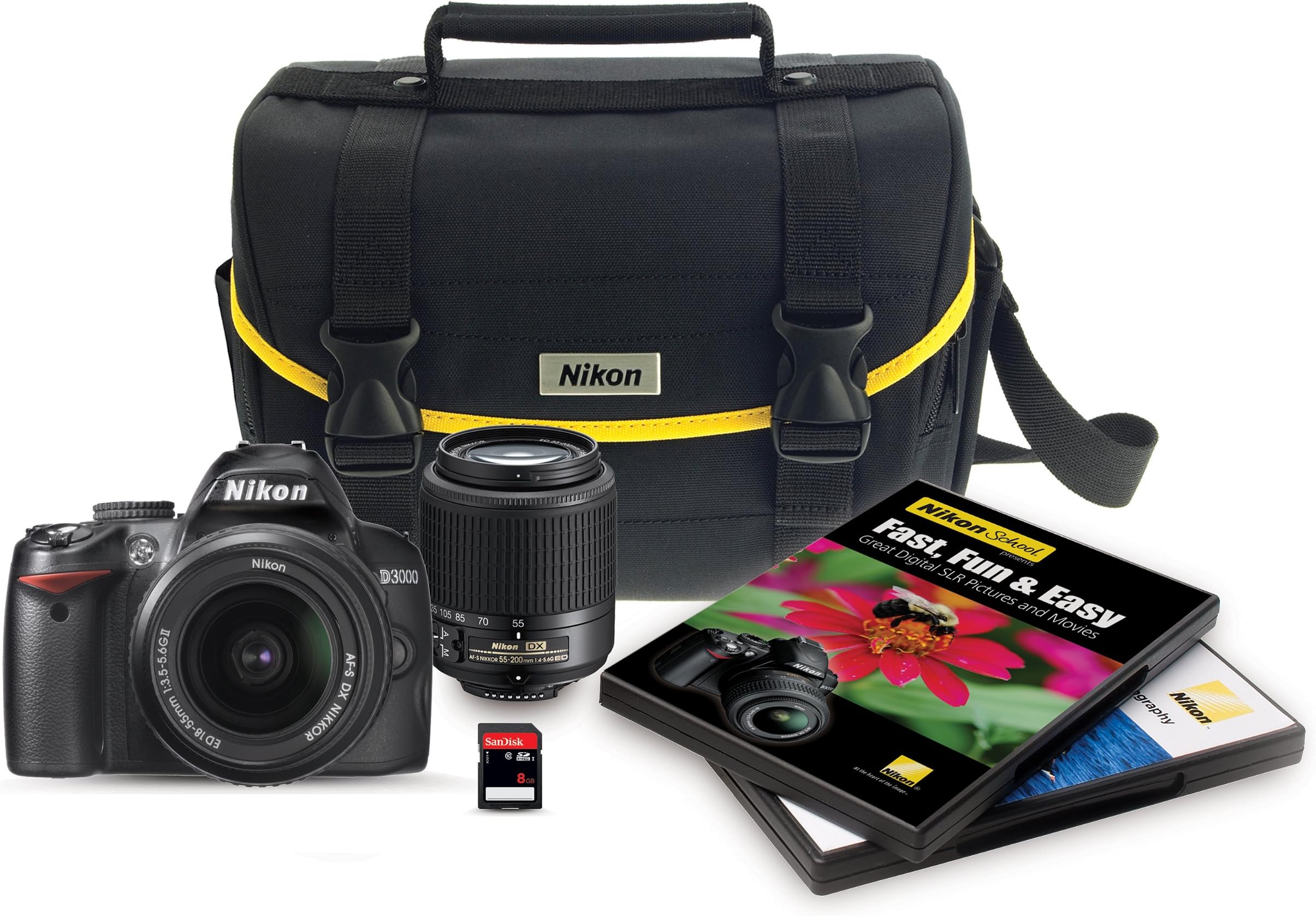 Nikon D3000 DSLR 6 Piece Bundle with 18-55mm f/3.5-5.6G AF-S & 55-200mm f/4-5.6G ED AF-S Nikkor Zoom Lenses