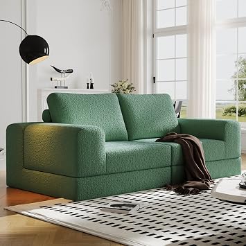Cloud Modular Sectional Sofa, DIY Combination Modular Couch for Living Room, Unique Knitted Fabric Love Seat Couches with 2 Pillows, 2 Seater Comfy Sectional Couch with No Assembly Green