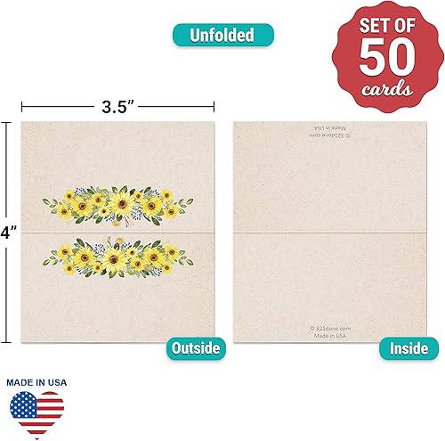Miniatura 2 de 321Done Tarjetas de lugar de girasol, fabricadas en Estados Unidos, tamaño pequeño de 3.5 x 2 pulgadas, para nombres, mesa de comida, cena, fiesta,
