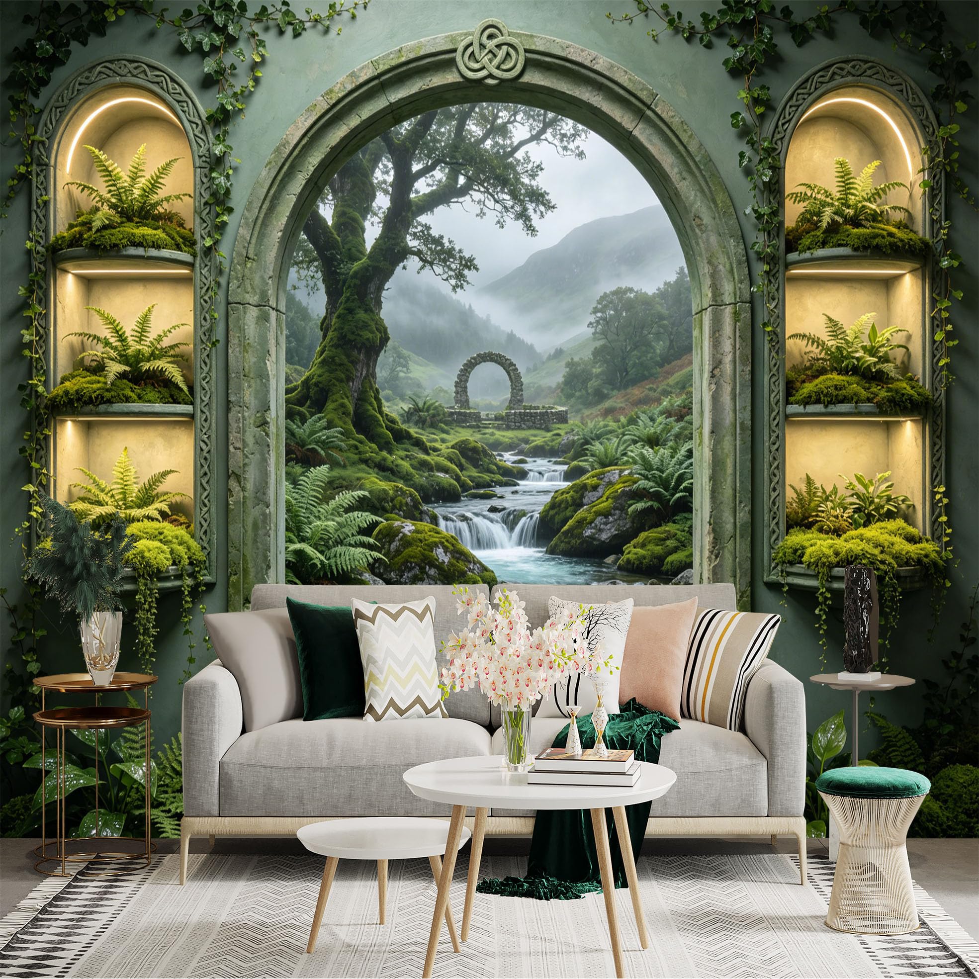 Custom Size Wall Sticker Mural， Fantasy Forest with Waterfall， Stone Arch and Lush Greenery， for wall Decoration， peelandstick wall Decals.