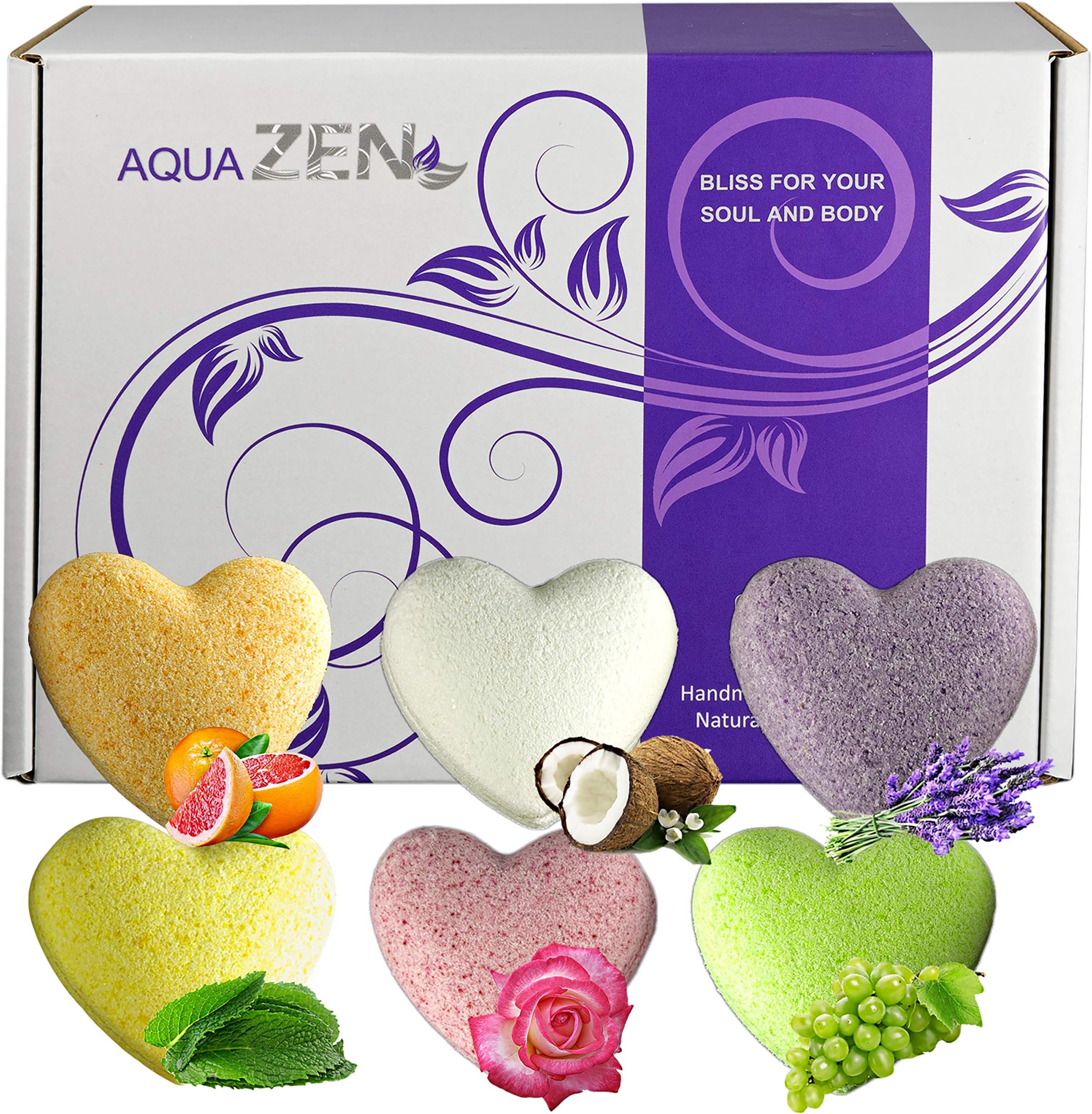 Aquazen Organic Bath Bombs Gift Set, Bath Bombs with Natural Essential Oils, Mother's Day, Valentine’s Day, Christmas (Heart Bath Bombs)