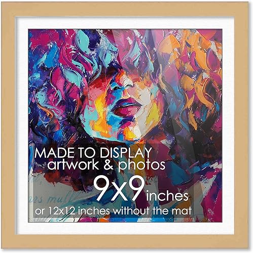 Marco de madera natural de 9 x 9 pulgadas con paspartú blanco, marco de 12 x 12 pulgadas mate a 9 x 9 pulgadas, exhibe tu obra de arte bajo la parte