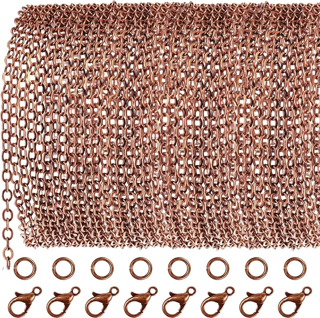 33 Feet Antique Red Copper Chain Link Necklace with 30 Pieces Jump Rings and 20 Pieces Clasps for DIY Jewelry Making (2.5mm)