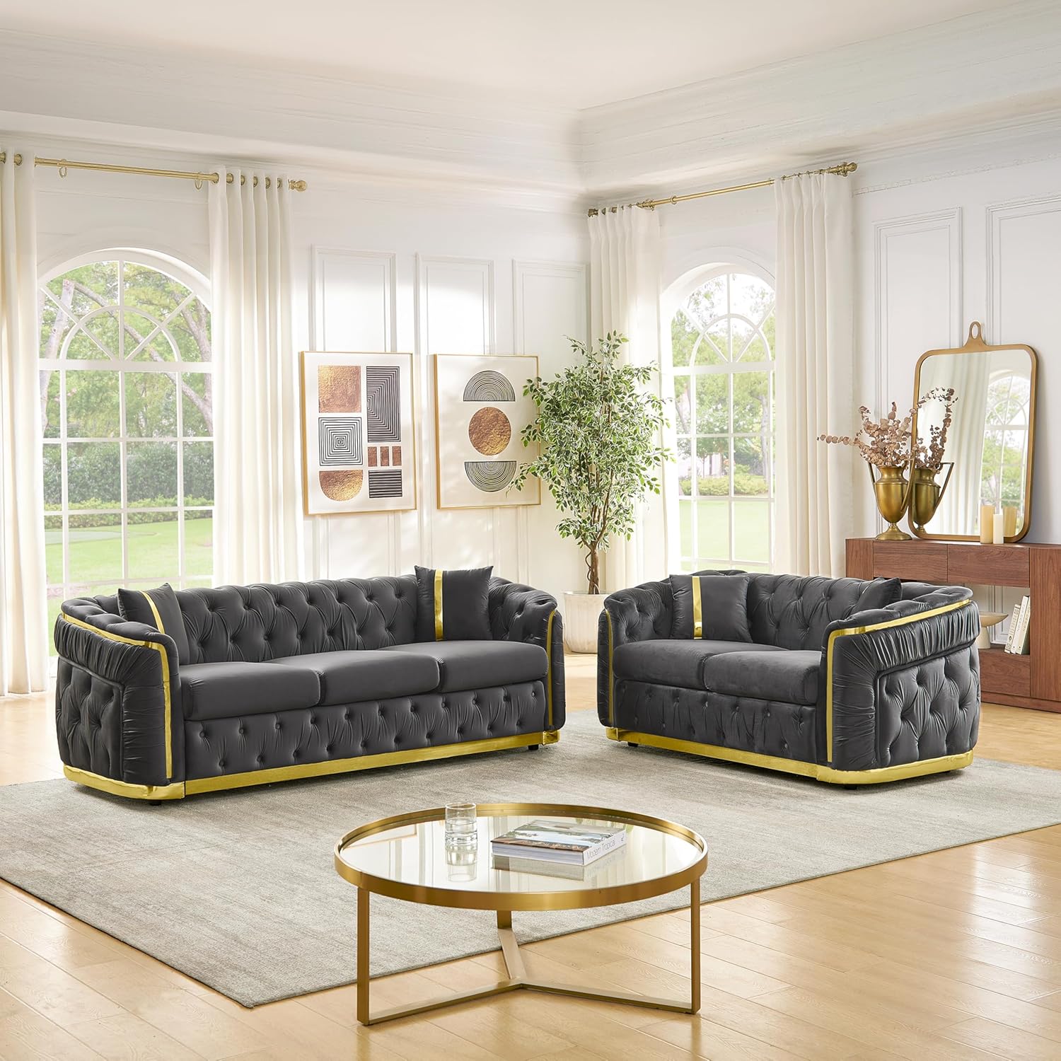 KEIKI 2-Piece Luxury Chesterfield Sofa Set with 1 Velvet