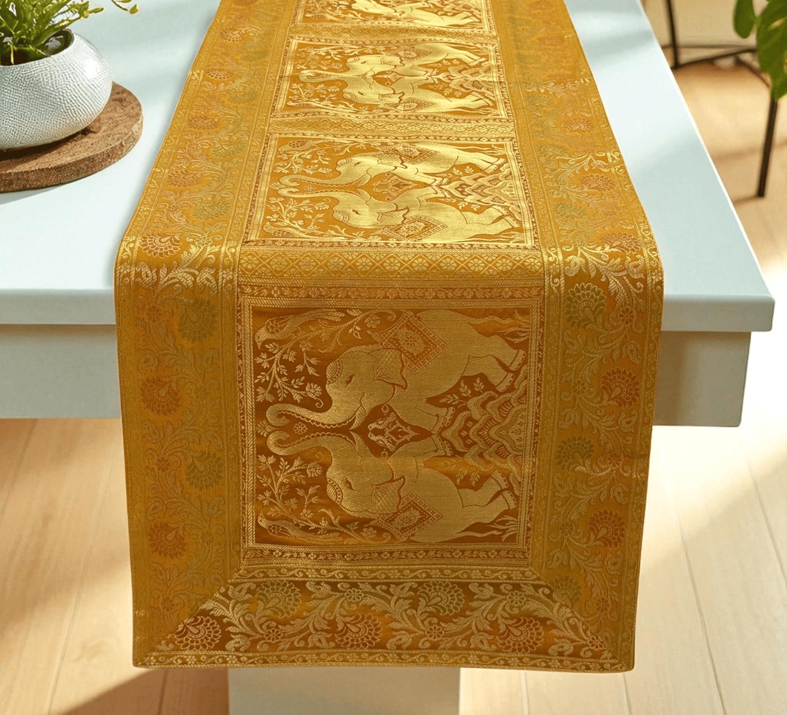 Silk Elephant Yellow Christmas Table Runner – Fall Decor for Dining Table Kitchen Decor,Coffee Table Cloth Home Decor for Thanksgiving Party