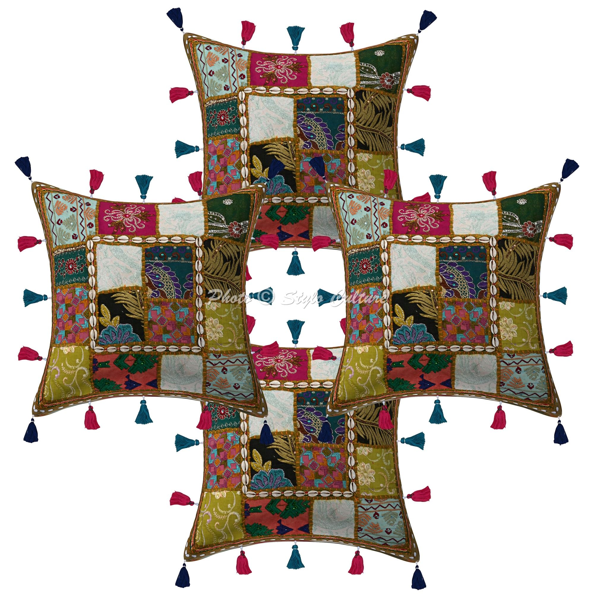 Bohemien Dekorativ Baumwolle Sofa Kissenbezüge 40x40 cm Olivgrün Dekokissen Gesticktes Patchwork Wohnzimmer Couch Kissenhullen Blumen Quadrat Umschlagverschluss Kissen Bezüge - 4 STK.