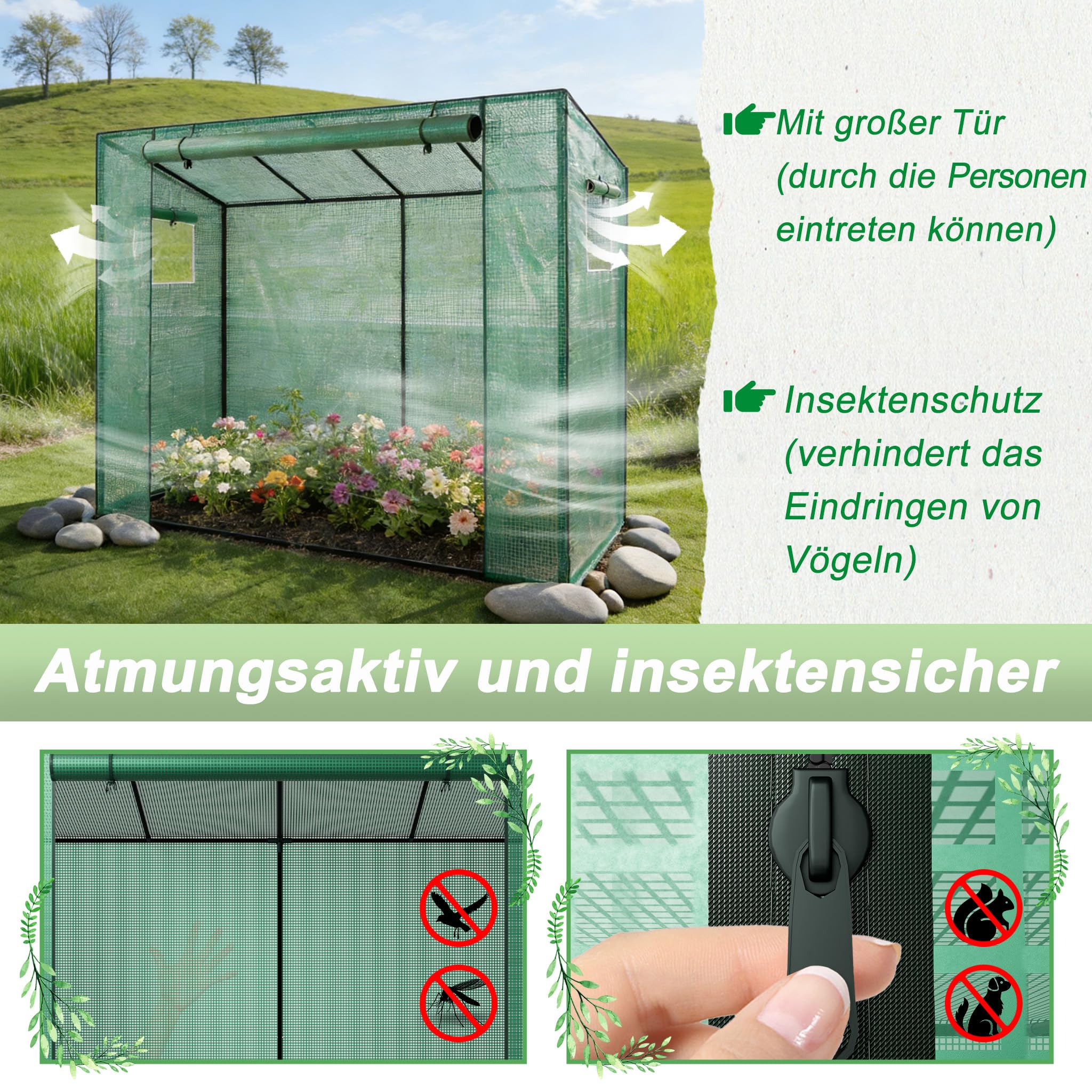 YRHome Serre à toit incliné - 200 x 80 x 150 cm - Avec porte et fenêtre enroulable - Respirante - Tubes en acier galvanisé - Protection UV - Pour légumes - Vert