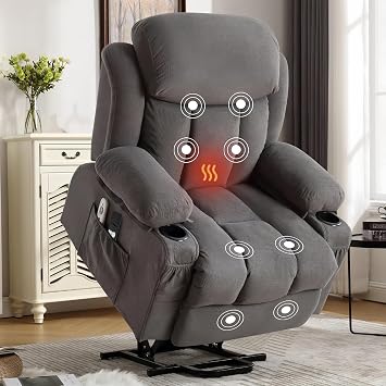 Fabric Power Lift Recliner Chair 8-Zone Heat and Massage, 65''electric recliner with Extended Footrest, Remote Control, USB Charging & Cup Holders, Reinforced Metal Frame for Elderly, Tall Man