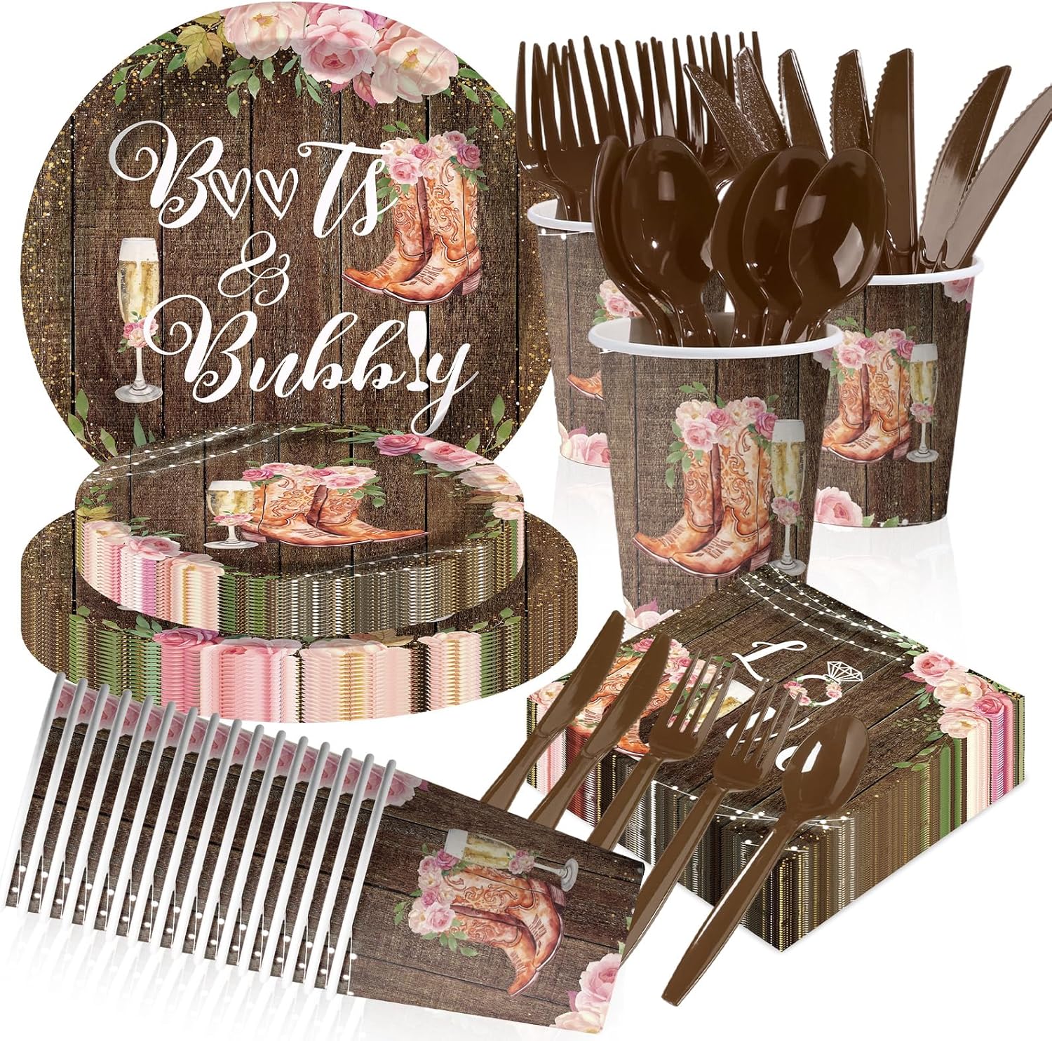 168Pcs Boots and Bubbly Bridal Shower Party Decorations Rustic Brown Wood Plates and Napkins Sets Golden Champagne Engagement Decorations for Wedding Bride To Be Bachelorette Party Supplies Serves 24