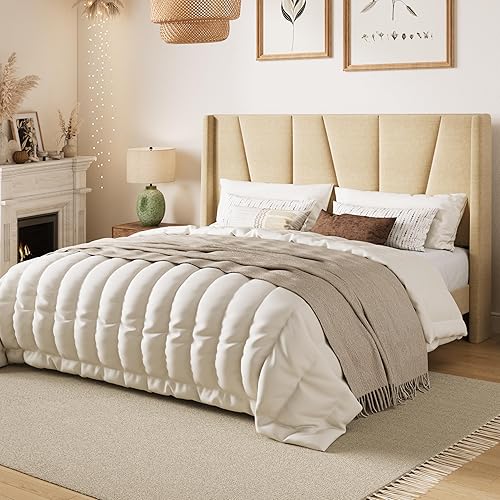 Miniatura 3 de SHA CERLIN Base de cama tamaño Queen con cabecera geométrica con respaldo de ala, plataforma tapizada con soporte de listones de madera, espacio