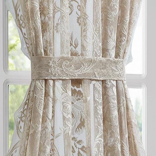 Miniatura 10 de Warm Home Designs Cortinas de luz lateral marfil. El par de cortinas de encaje con rosas inglesas viene con 2 alzapaños gratis. Las cortinas de 30 x