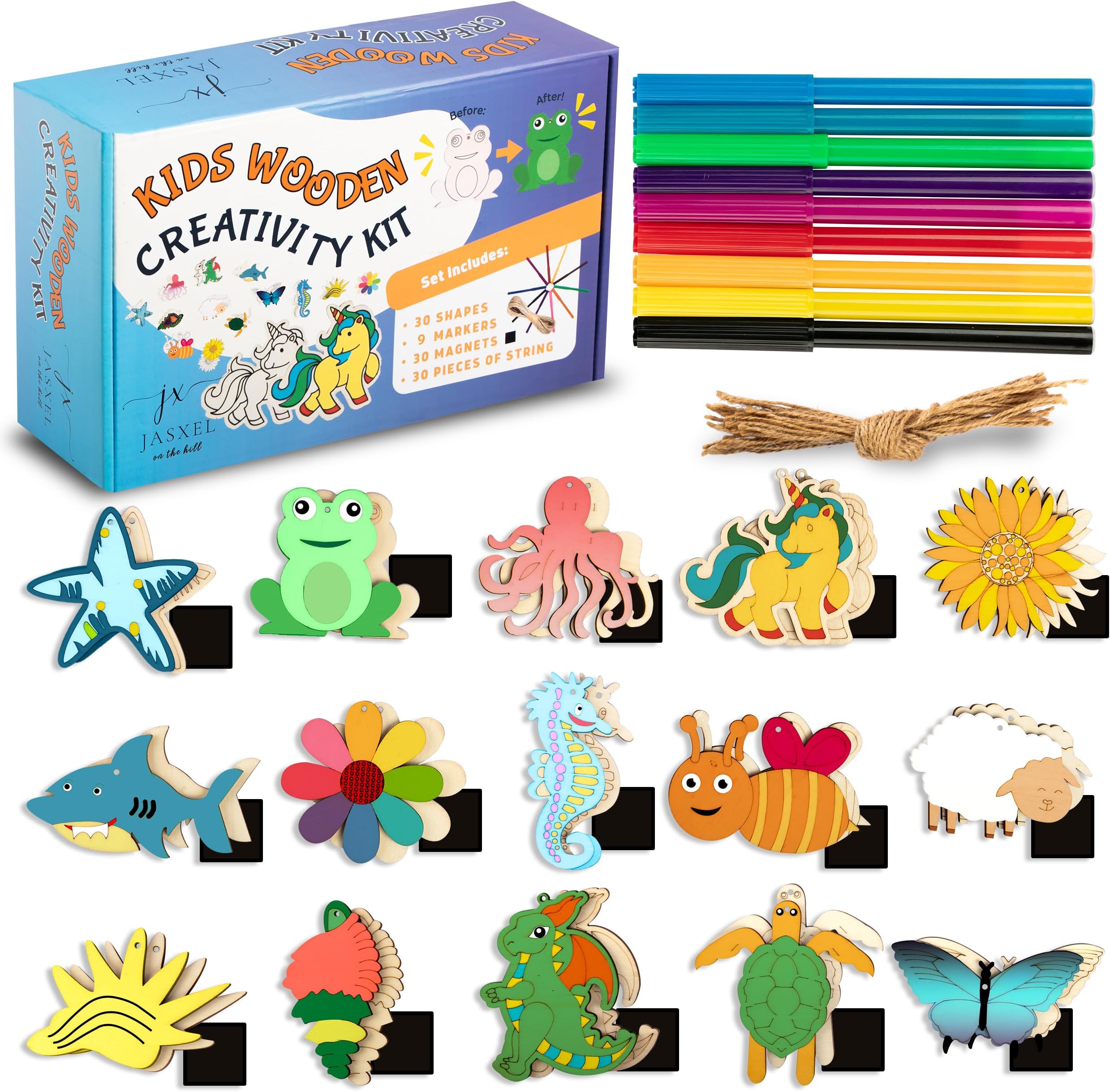 Large and Durable Wooden Crafts for Kids - Wooden Magnets to Paint and Colors with Markers Included - 30 Shapes - Color and Paint Your Own Wooden Magnets - Kids Crafts Ages 4 +