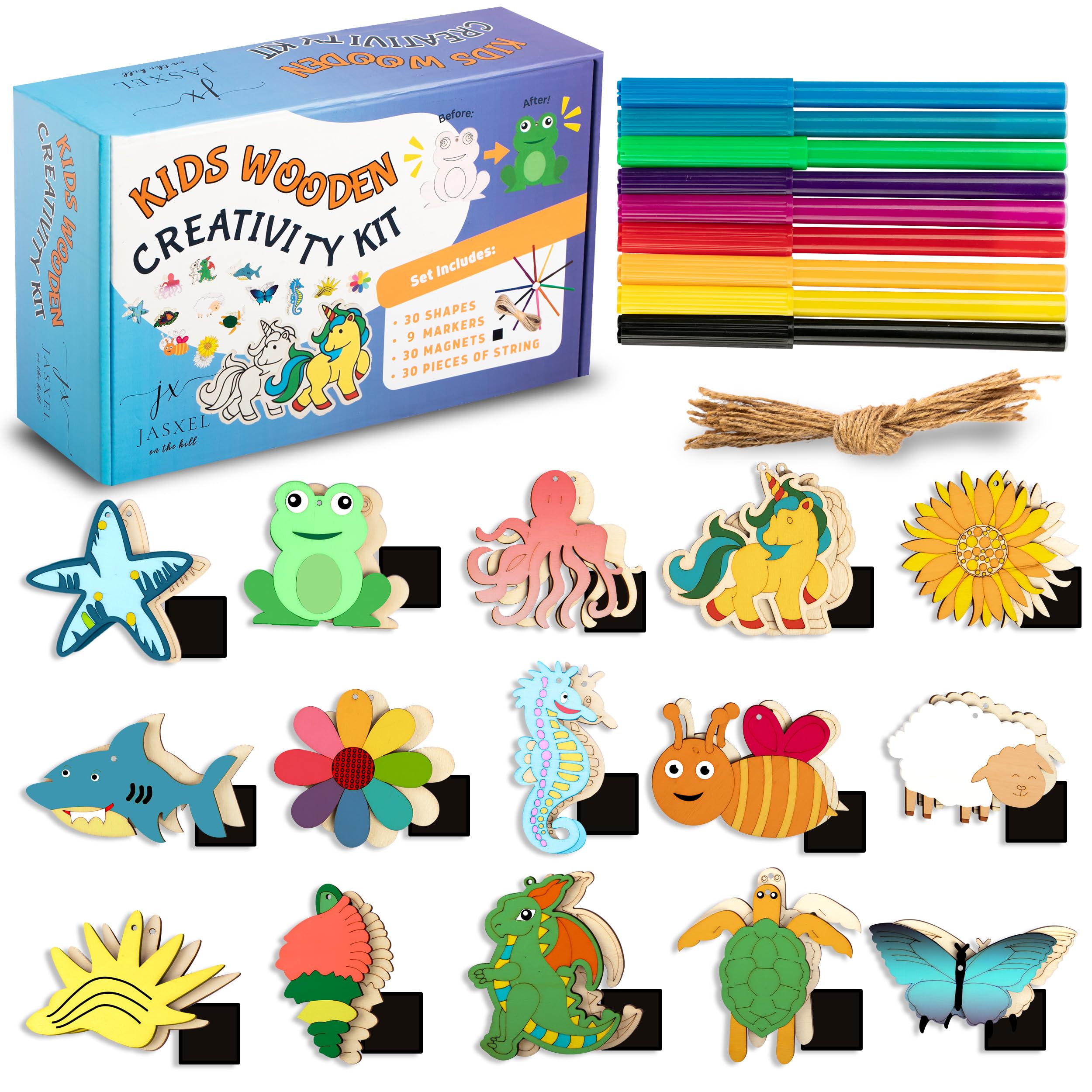 Large and Durable Wooden Crafts for Kids - Wooden Magnets to Paint and Colors with Markers Included - 30 Shapes - Color and Paint Your Own Wooden Magnets - Kids Crafts Ages 4 +