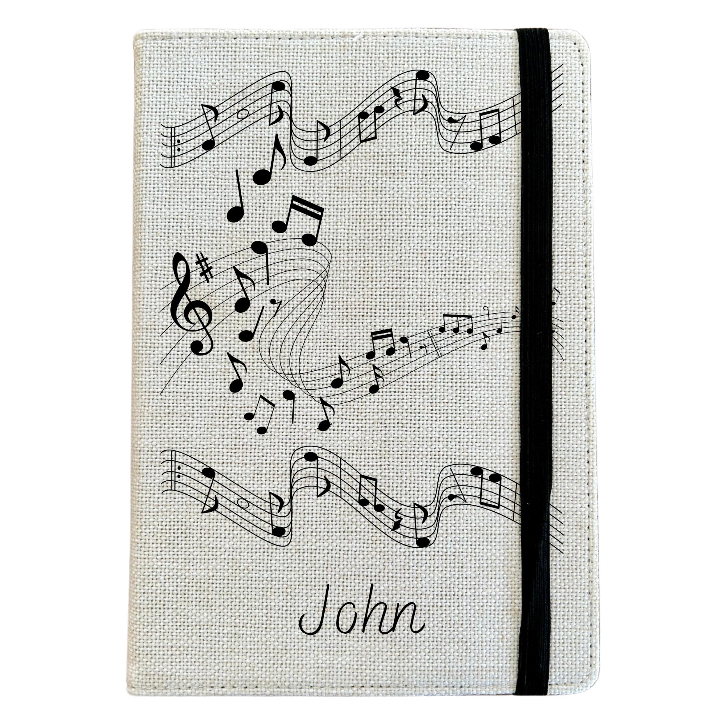Personalised Music Notes A5 Notebook - Custom Music Lined Journal - Reusable Hobby Notebook Cover - Linen Hardback Journal Cover Gift