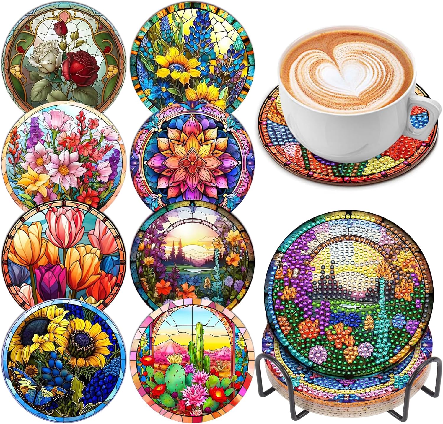 8 Pcs Diamond Art Painting Coasters with Holder, DIY Colorful Flowers Diamond Art Coasters for Drinks Diamond Art Painting Kits for Beginners, Diamond Kits Craft Supplies for Adults