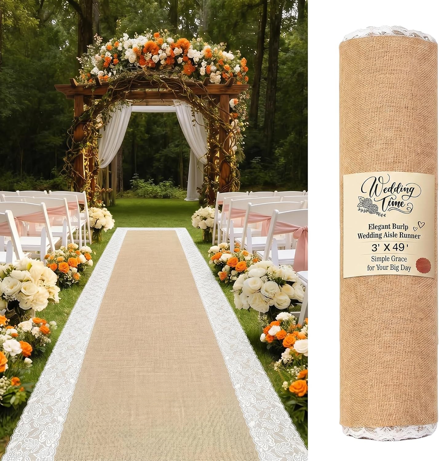 3x20ft Thickened Flax Wedding Aisle Runner with Lace Edge | Rustic Jute-Style Runner for Outdoor Beach Church Garden Wedding Ceremony, Natural Eco-Friendly Aisle Carpet