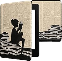 Vista 30 de kwmobile Funda compatible con Yaxa Kindle Paperwhite 11. Generación 2021 - Funda para lector electrónico - Libros y páginas Beige/Marrón/Dorado