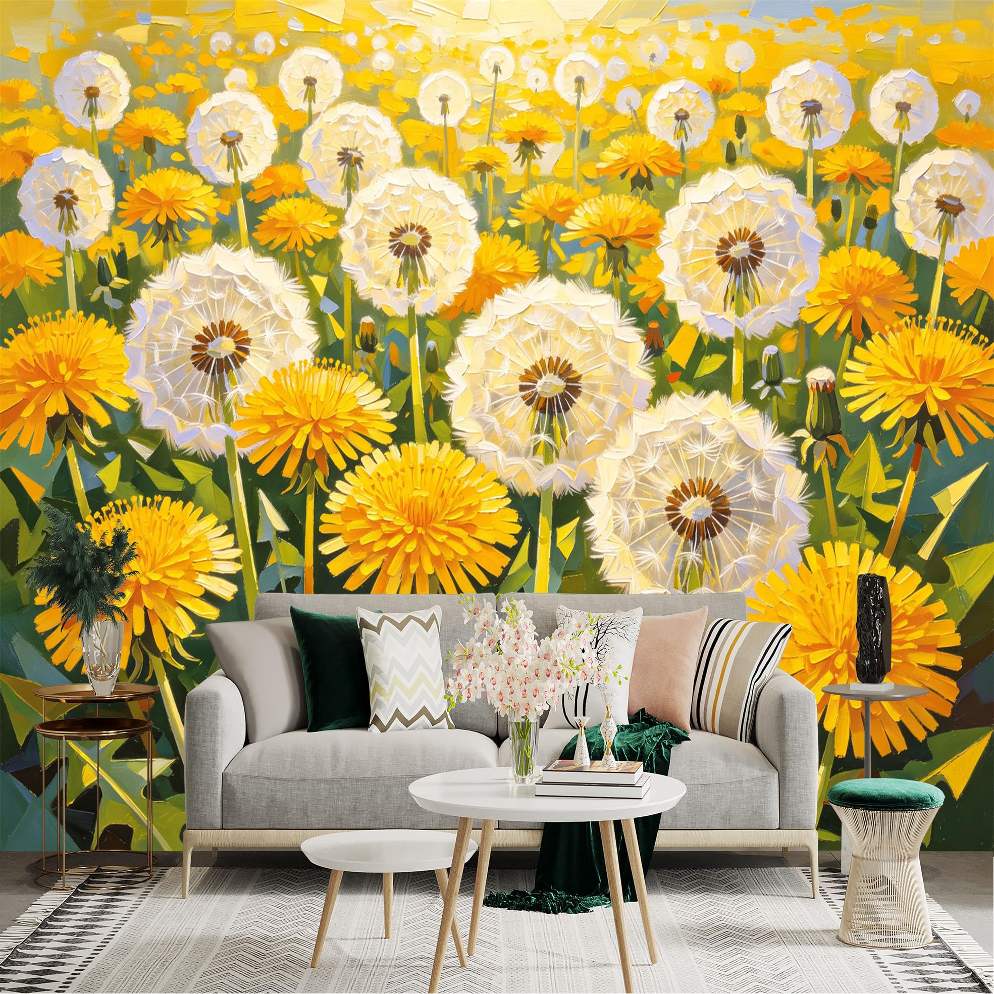 Custom Size Wall Sticker Mural， Yellow Dandelions and White Fluffy Seed Heads， Vibrant Wildflower Meadow， Floral Botanical Art， for wall Decoration， peelandstick wall Decals.