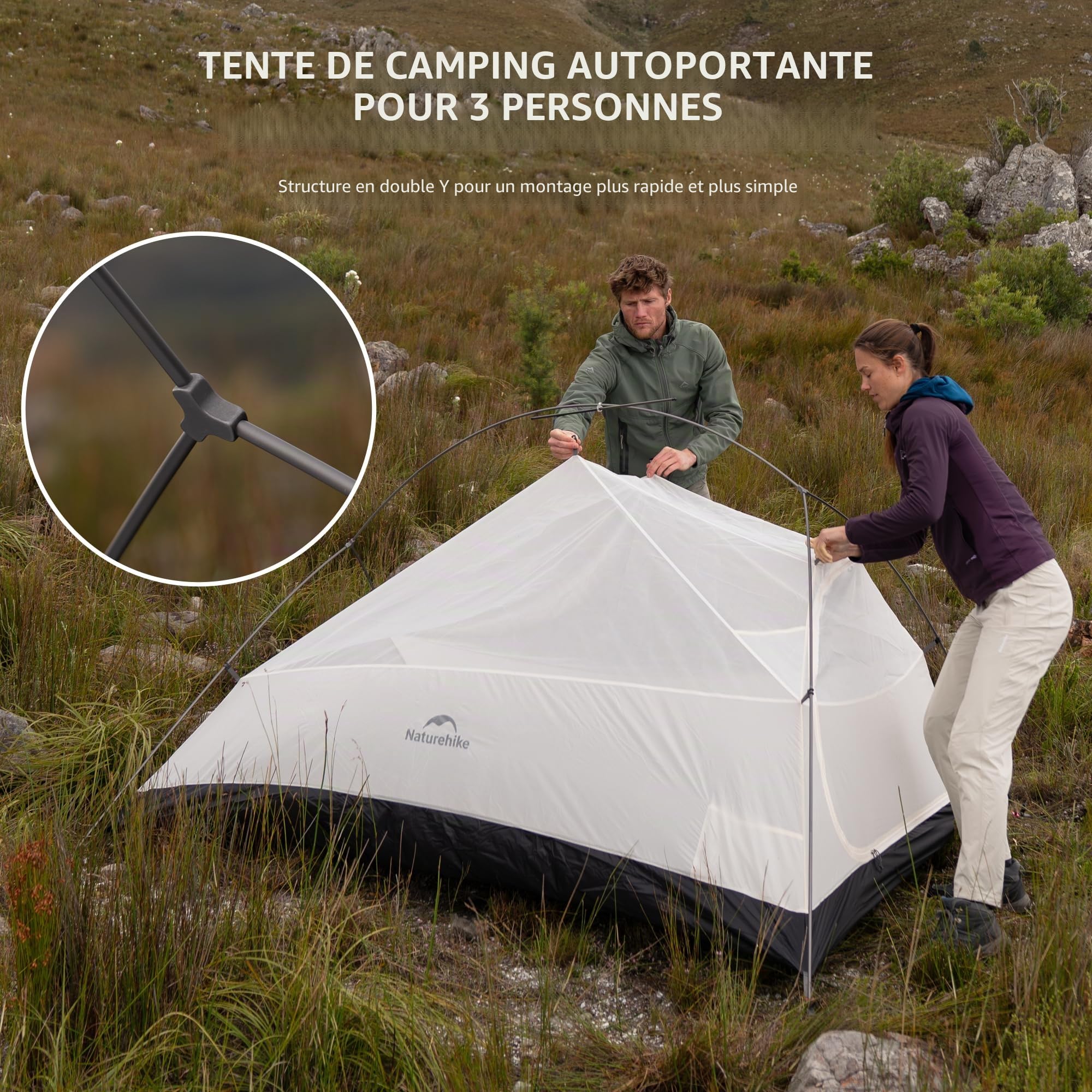 Naturehike Cloud up pro Tente de camping légère pour 3 personnes, montage facile, coupe-vent et étanche, pour l'extérieur, les voyages, le trekking