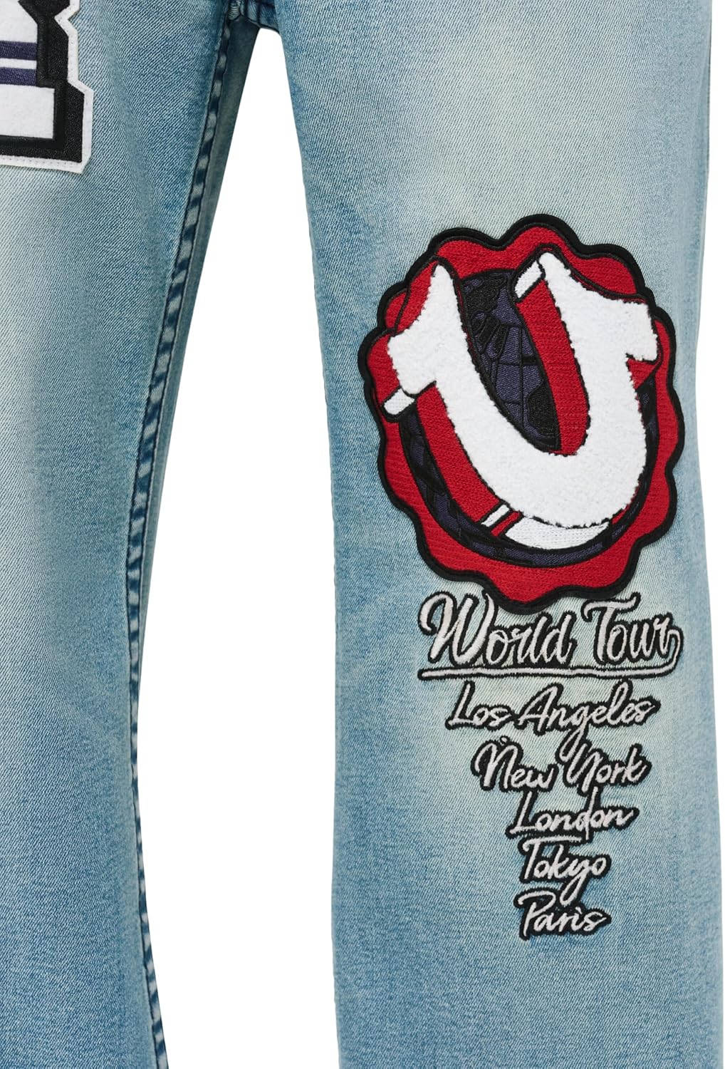 True Religion Men’s Vinny Patch Big T Ultra Baggy Jean 34” – Dark Wash, Whiskering, Signature Horseshoe