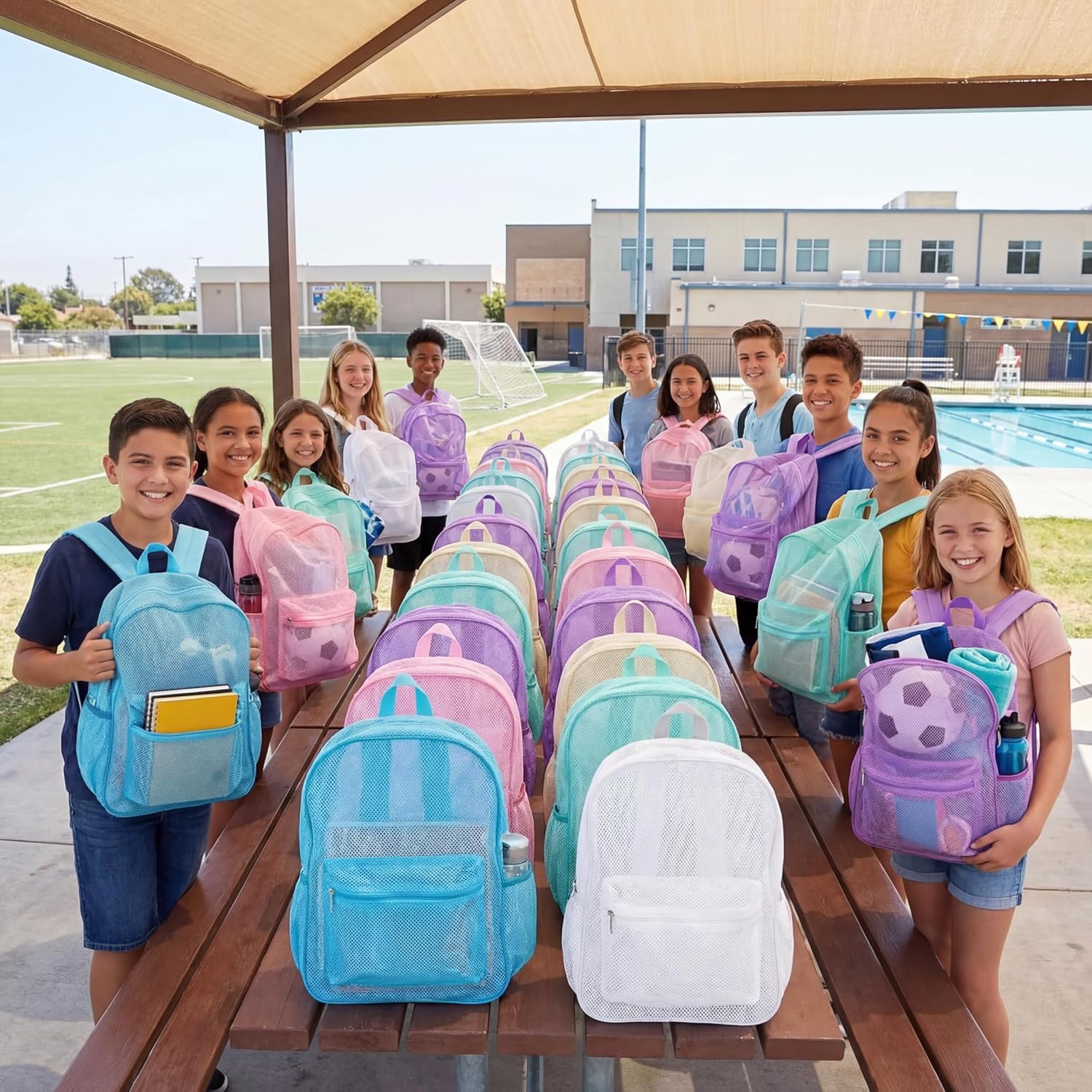 Silkfly 18 Pcs Mesh Backpacks, 17" Lightweight See-through School Bags for Kids Boys Girls, Ventilated Gym Bags Sports Beach Gifts (Pastel Colors)