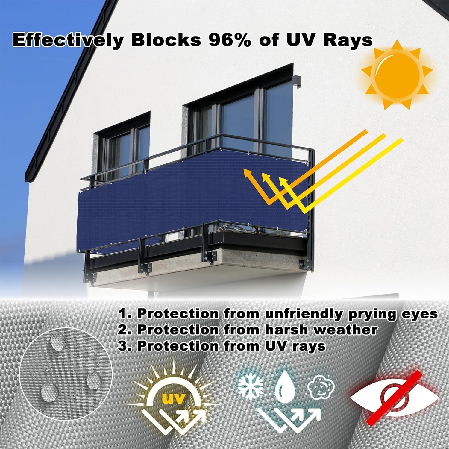 Balcony Privacy Screen 3' x 8.2' Durable and UV Resistant, Patio Privacy Screens for Balcony Includes Cable Ties Wall Covering Panels for Carport, Fence, Patio, Balcony, Dark Blue