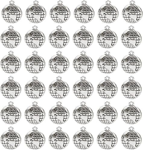 AUEAR, Paquete de 100 dijes de globo de plata con forma de globo terráqueo de aleación Golbe para hacer joyas, pulseras, collares, suministros para