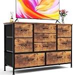 Tall 9 Drawers Dresser Storage with Wood Top, TV Stand, Fabric Wide Storage Tower, Sturdy Steel Frame Storage Organizer Fit for Bedroom, Living Room, Hallway, Entryway, Closets, Black Oak