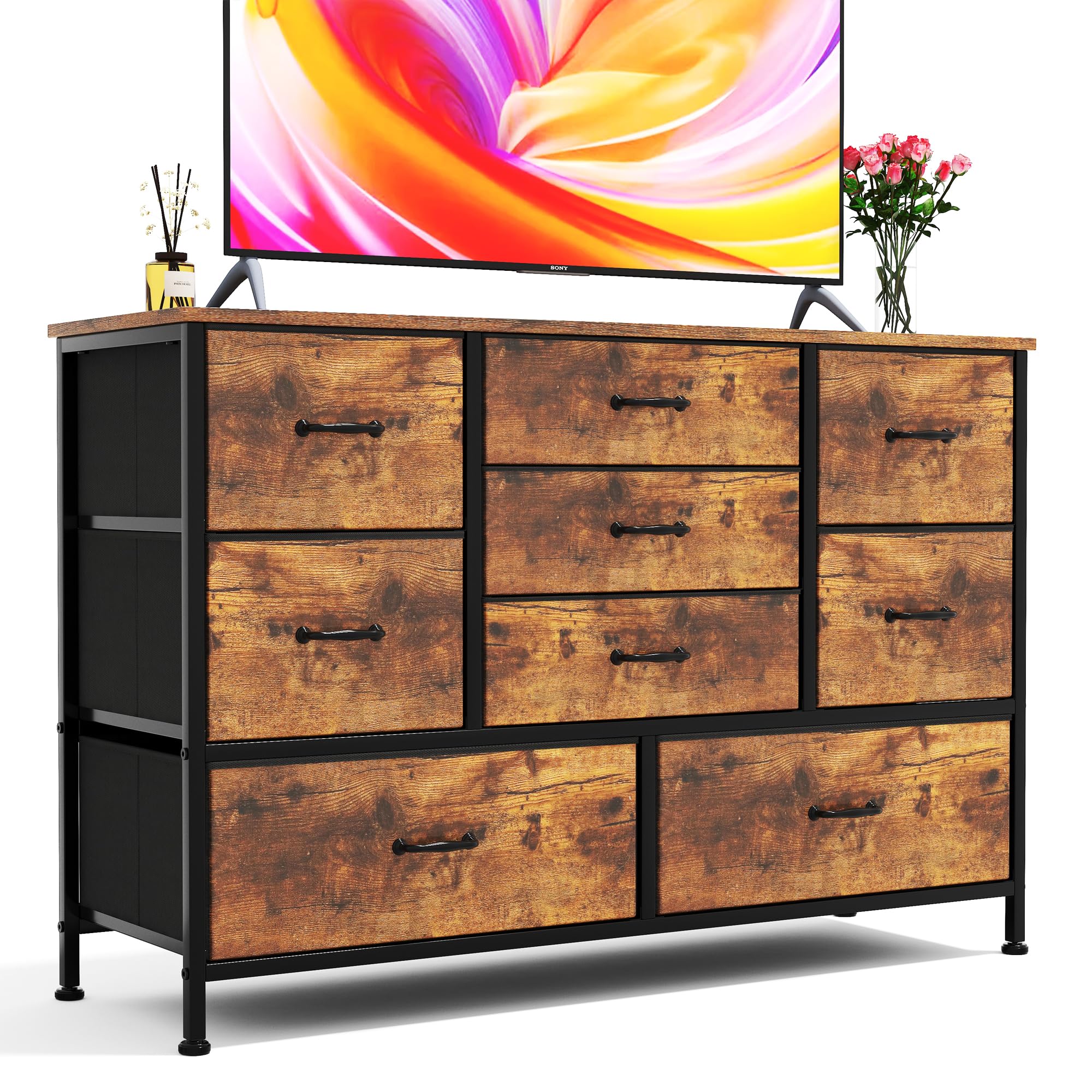 CAIYUN Chest of Drawers, Dresser for Bedroom with 9 Drawers, Wood Top Tall TV Stand Large Storage Organizer Unit Shelf Living Room, Hallway, Entryway, Closet, Fabric Drawer, Metal Frame Rustic Brown