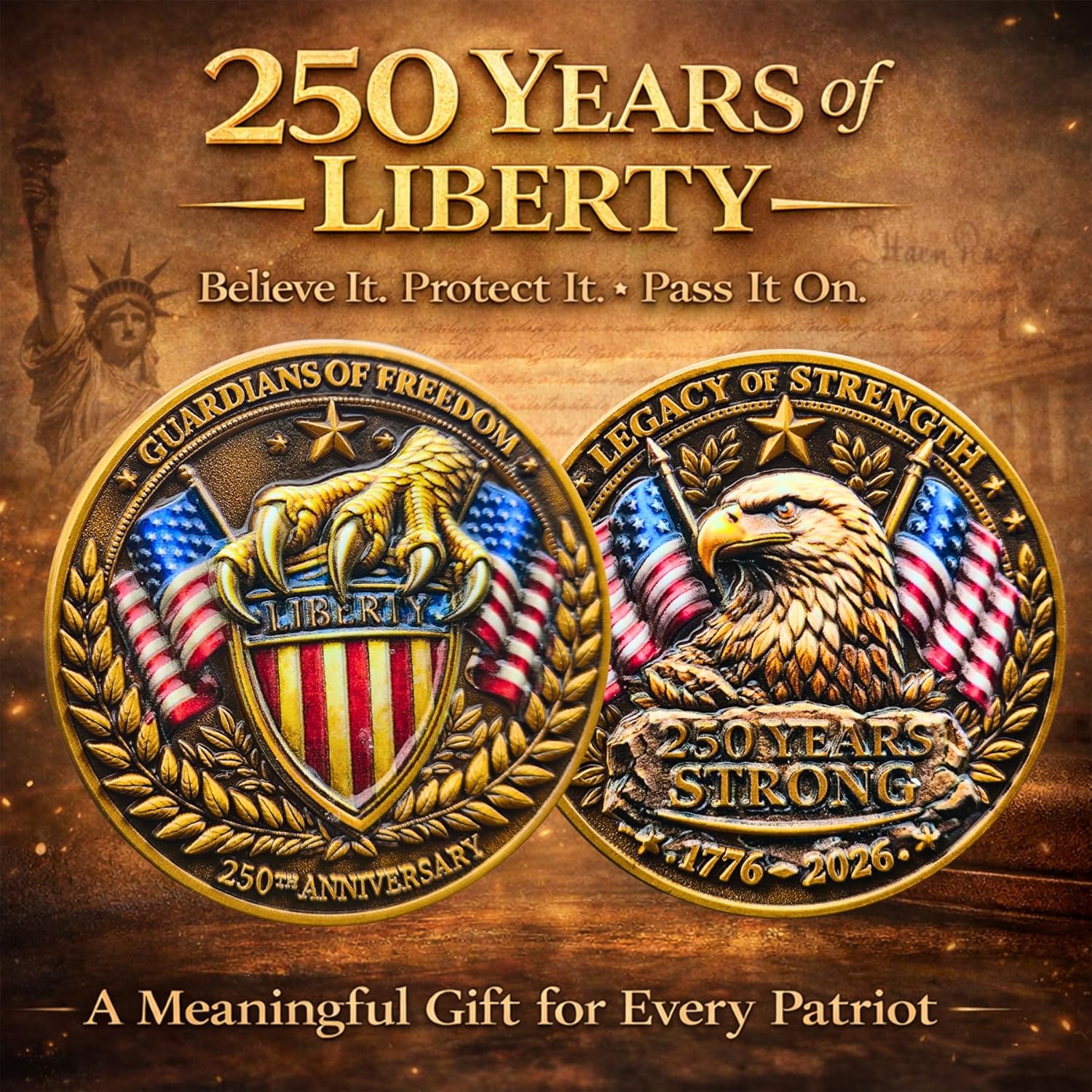 250th Anniversary USA Commemorative Coin Set with Wooden Gift Box, Patriotic Eagle & Liberty Bell Coins, 1776–2026 Freedom Keepsake, Veteran Gift, 250 Anniversary America Merchandise